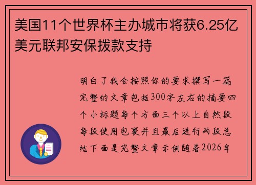 美国11个世界杯主办城市将获6.25亿美元联邦安保拨款支持 美国11个世界杯主办城市将获6.25亿美元联邦安保拨款支持
